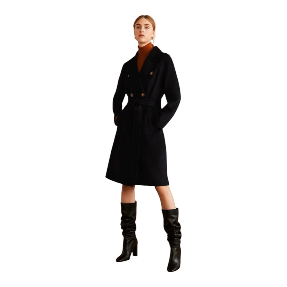 Mango Wool Blend Double Breasted Coat with Tie Waist Black Size XS **FLAW